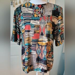 80s 90s Vintg Short Sleeve Blouse Womens L Multi Abstract Geometric Shoulder Pad